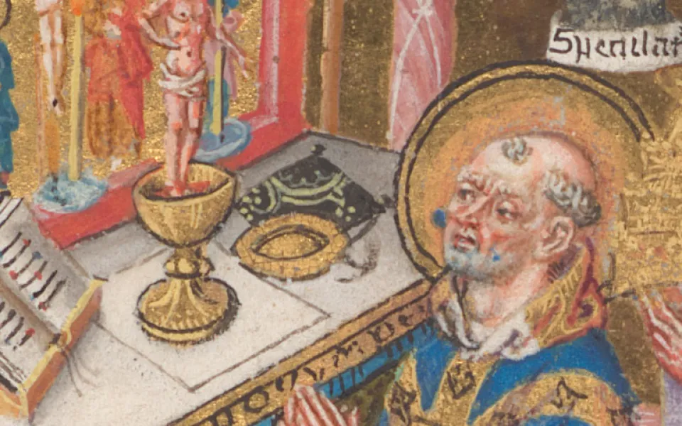 Gregoriusmis (miniatuur) en Zielen in het vagevuur (gehistorieerde initiaal). Getijdenboek, vermoedelijk gemaakt voor iemand uit de familie van Lochorst, met geschilderde voorstellingen en margeversieringen door de Meester van Katherina van Kleef. Utrecht, ca. 1460 (Den Haag, Huis van het boek, Ms. MMW 10 F 50, ff. 147v-148r)