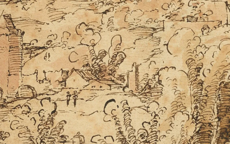Landschap met herders aan een rivier en een stad in de verte (voorzijde); figuurstudies en Romeinse ruïnes (achterzijde), Jan van Scorel