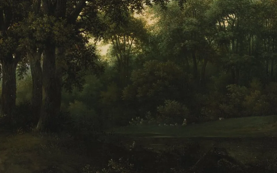 Schilderij van een boslandscap door Jan Lagoor met bomen en grasveld