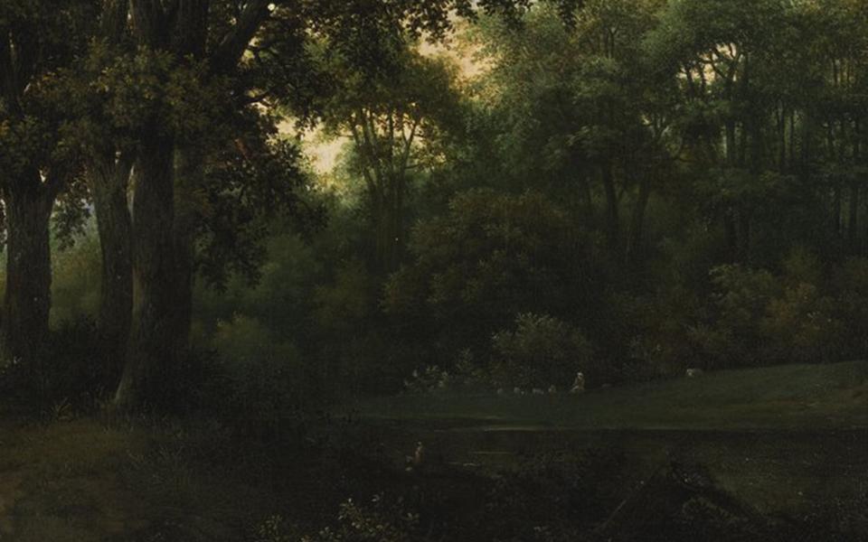 Schilderij van een boslandscap door Jan Lagoor met bomen en grasveld