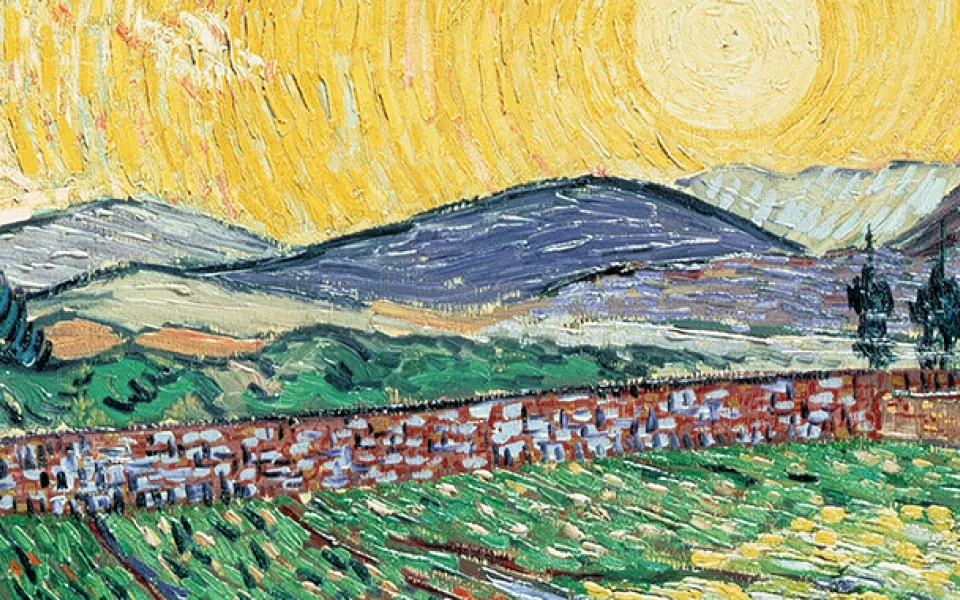 Schilderij van Vincent van Gogh met een tarweveld en een zonsopgang