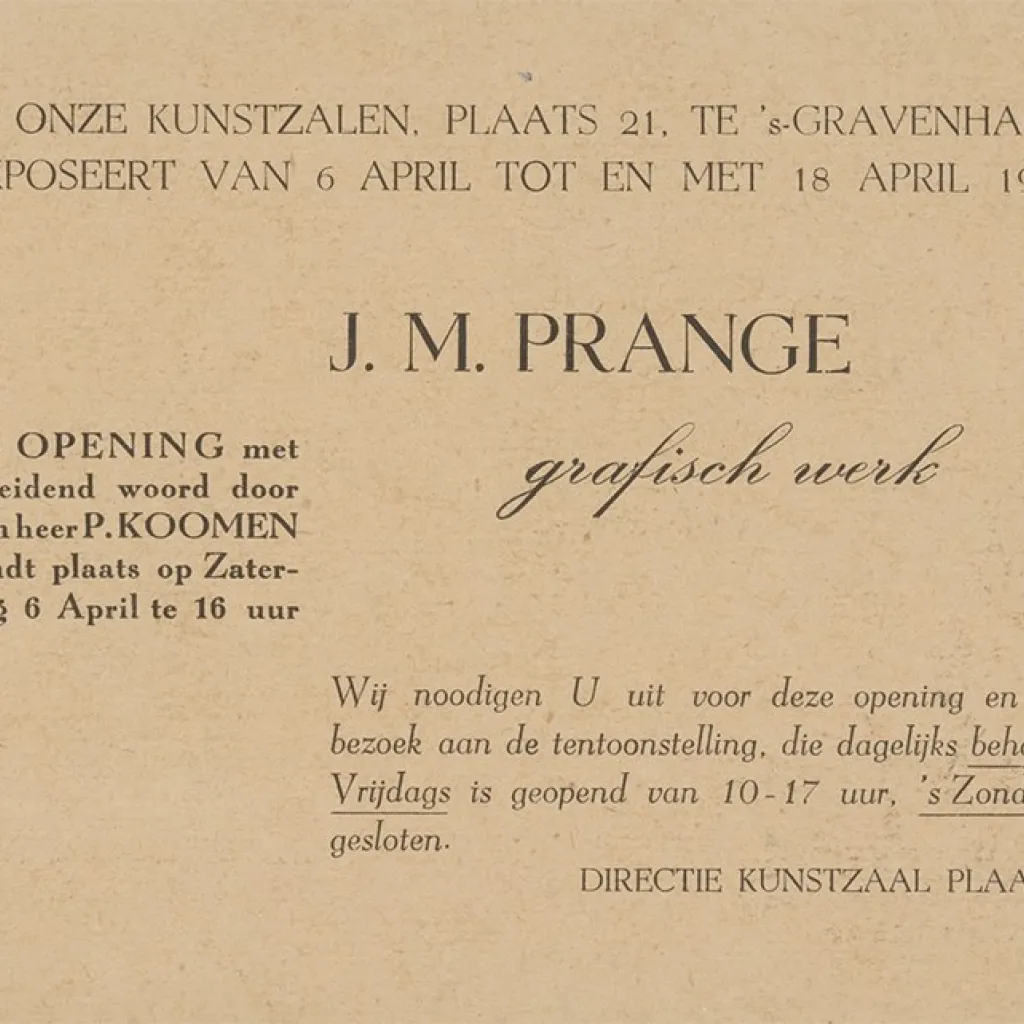 Uitnodiging voor een expositie van werk van Ko Prange in Kunstzaal Plaats te Den Haag, 1946, collectie RKD