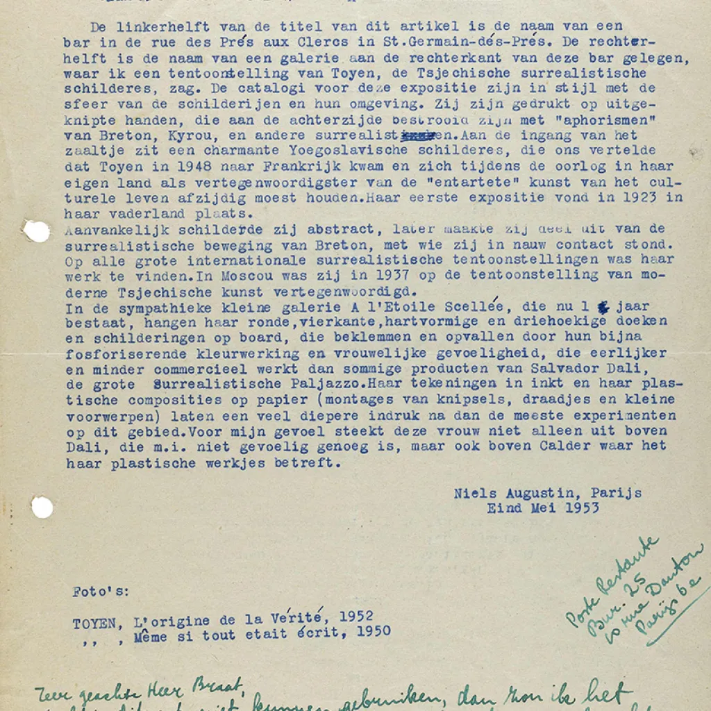 Brief van schrijver en galeriehouder Niels Augustin, 1953, Persdocumentatie, collectie RKD 