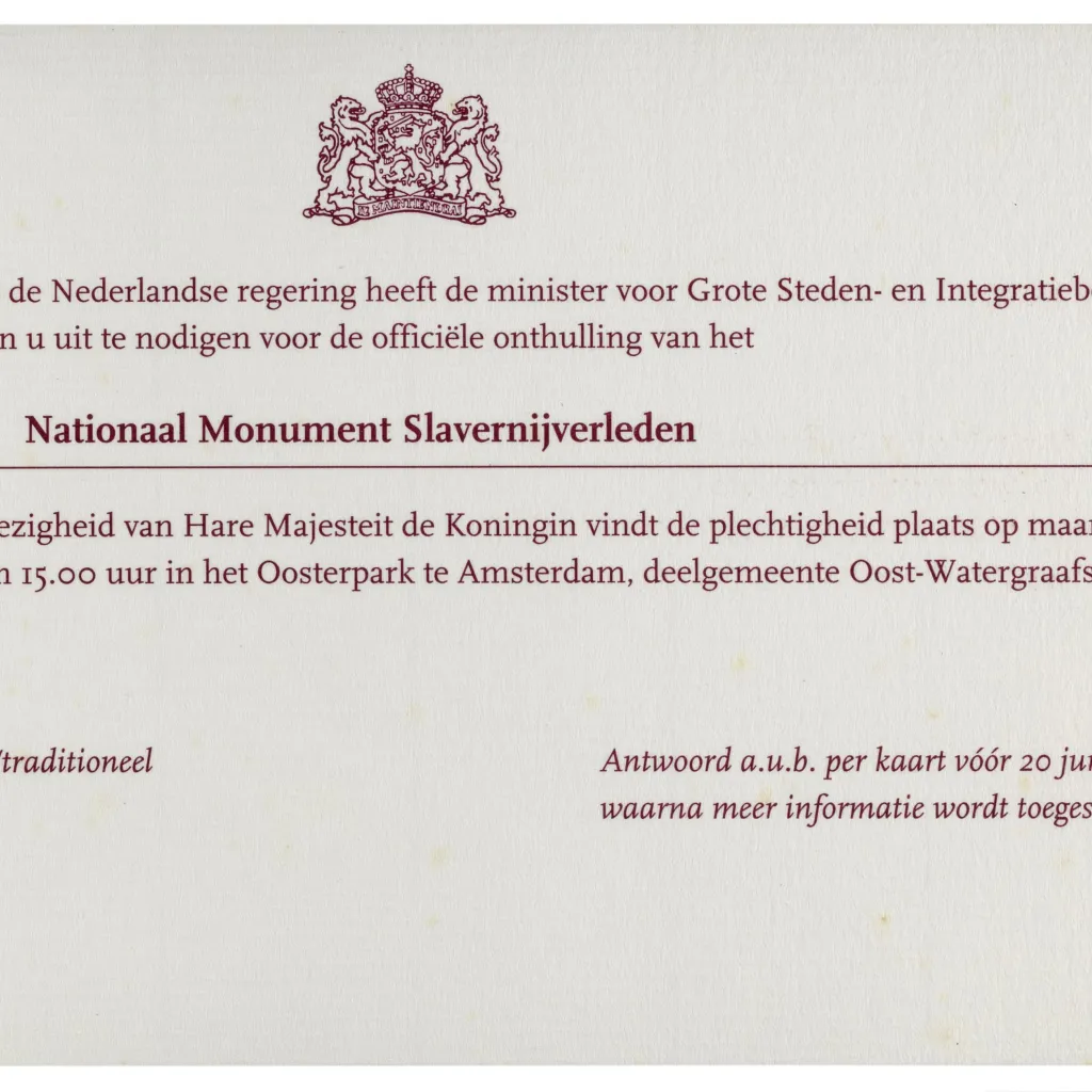 Uitnodiging onthulling Nationaal Monument Slavernijverleden