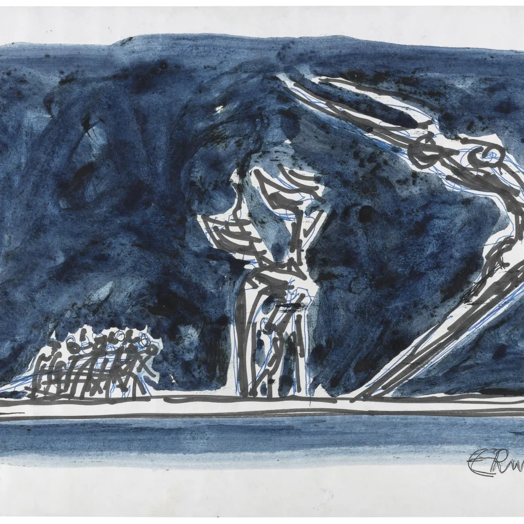 Ontwerptekening slavernijmonument Erwin de Vries. Blauwe achtergrond