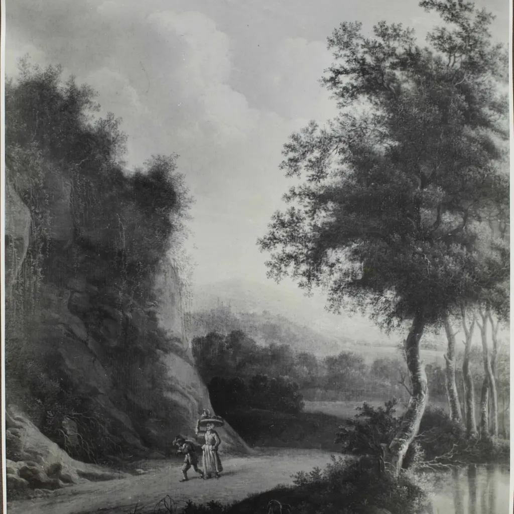 archiefstuk uit het rkd van kunsthandel kunstzaal oudt holland met een schilderij van twee figuren in een landschap