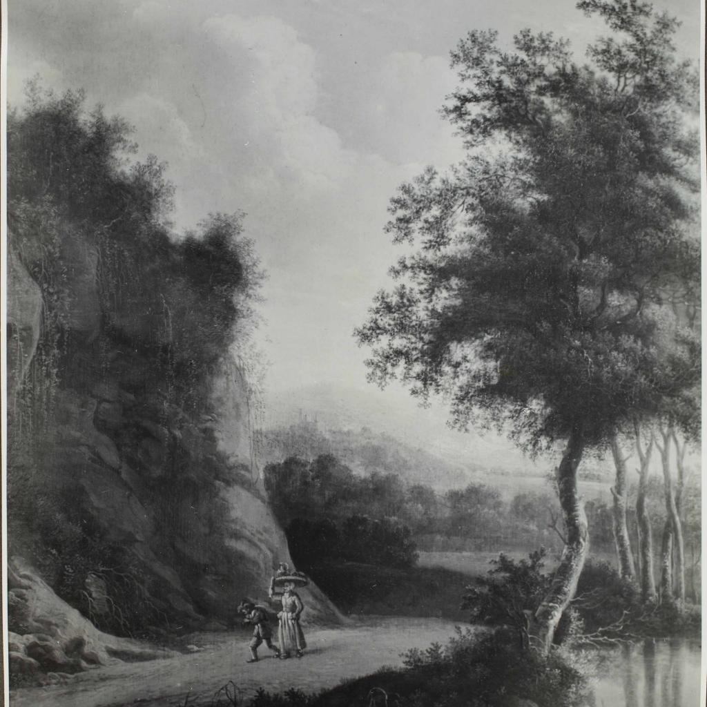 archiefstuk uit het rkd van kunsthandel kunstzaal oudt holland met een schilderij van twee figuren in een landschap