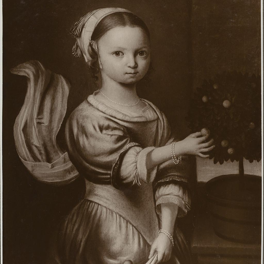 schilderij van Jan Mijtens getiteld meisje dat vruchten van een boompje plukt uit het rkd archief van kunsthandel oudt holland