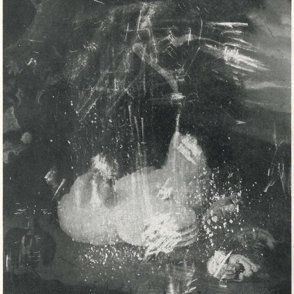 schilderij van hen met kuikens en vliegende duif in landschap, beschadigd na restauratie, uit rkd archief kunsthandel oudt holland