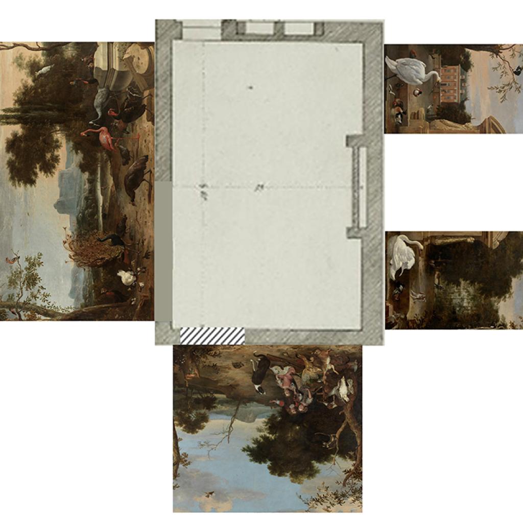 reconstructie van daagse kamer met de vier landschap schilderijen in huis driemond