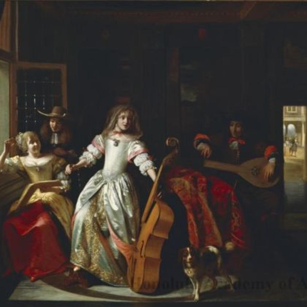 Schilderij van pieter de hooch met musicerend gezelschap in een interieur