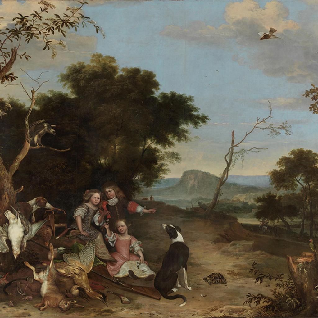 Portret van drie kinderen van Adolf Visscher en Anna Maria Pelt, in een landschap met jachtbuit