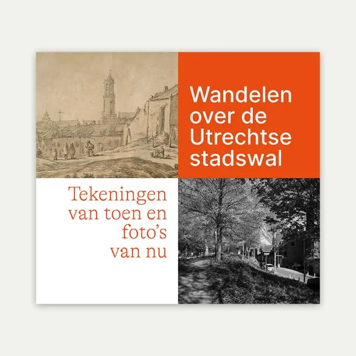 Boekcover van Wandelen over de Utrechtse stadswallen, met grafische vlakken waarin de titel en twee schetsen van Saftleven zijn verwerkt.