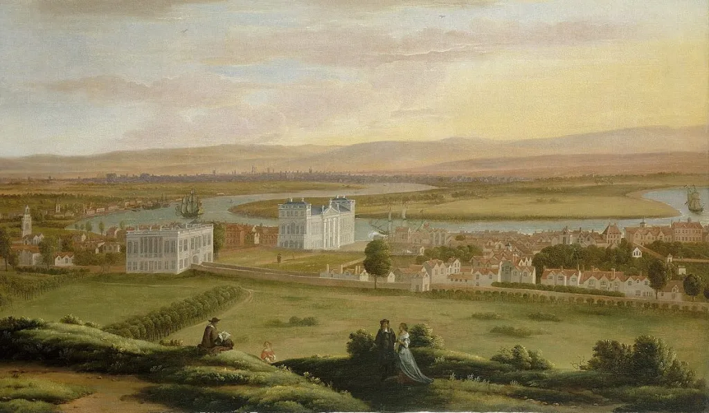 Hendrick Danckerts, Gezicht op Greenwich en het huis van de koningin uit het zuidoosten, ca. 1670, National Maritime Museum, Greenwich