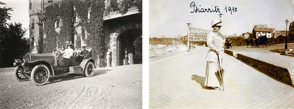 Hélène in haar Dion Bouton met zoon Hélin aan het stuur, ca. 1900 & Hélène op de boulevard in Biarritz, 1910