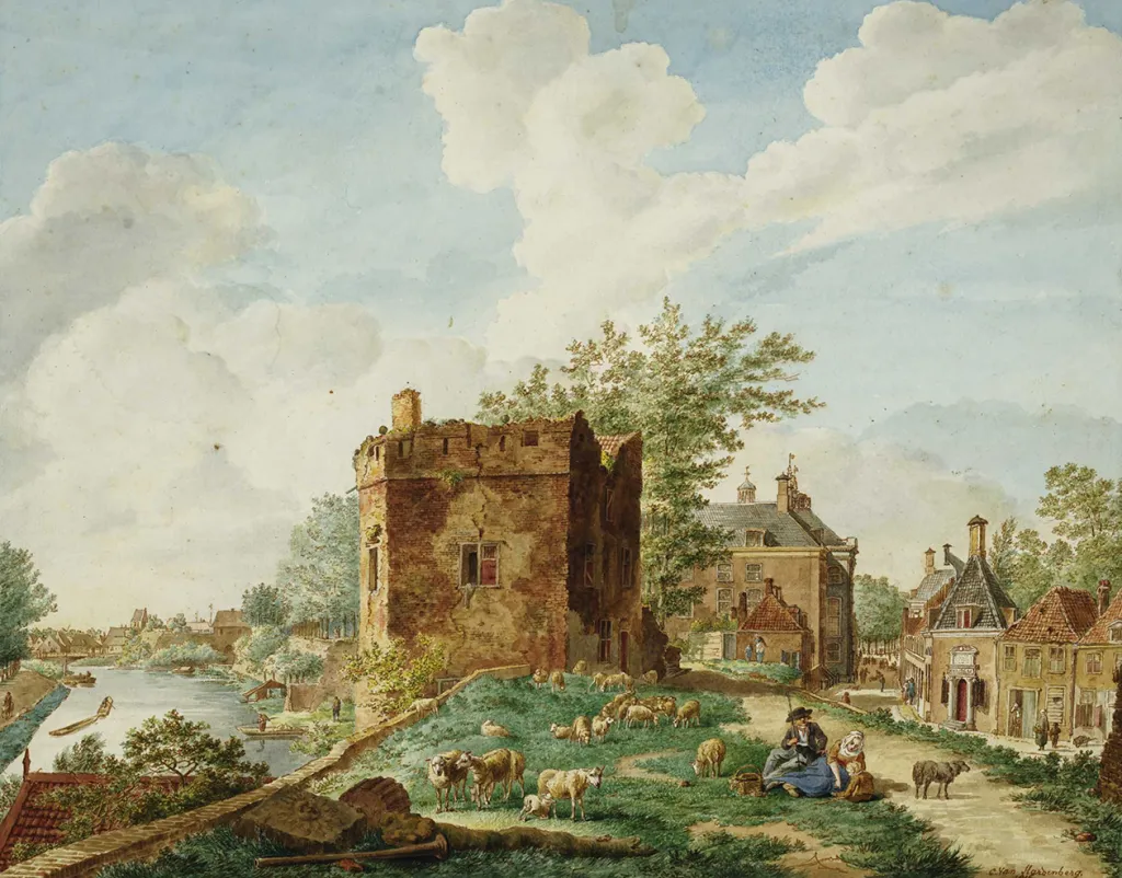 Cornelis van Hardenbergh, Gezicht vanaf de wal met de Servaastoren en rechts daarachter het pand van de Fundatie van de Vrijvrouwe van Renswoude, 1816 gedateerd, collectie Het Utrechts Archief