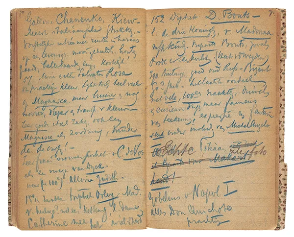 Detail van een pagina in een van Bredius’ notitieboekjes waarin hij de entreehal van de ‘Gallerie Chanenko, Kiew’ beschrijft: ‘Vorstelijke entrée met ruiter in harnas op een levensgr.[oot] mooi gebeeldh.[ouwd] houten paard, hellebaarden enz. Kostelijk!’