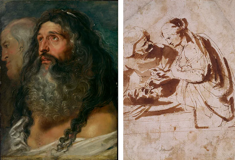 Peter Paul Rubens, Studie van twee mannenkoppen (Plato?), The Metropolitan Museum of Art, New York & Peter Paul Rubens, Salome ontvangt het hoofd van Johannes de Doper, Amsterdam Museum  