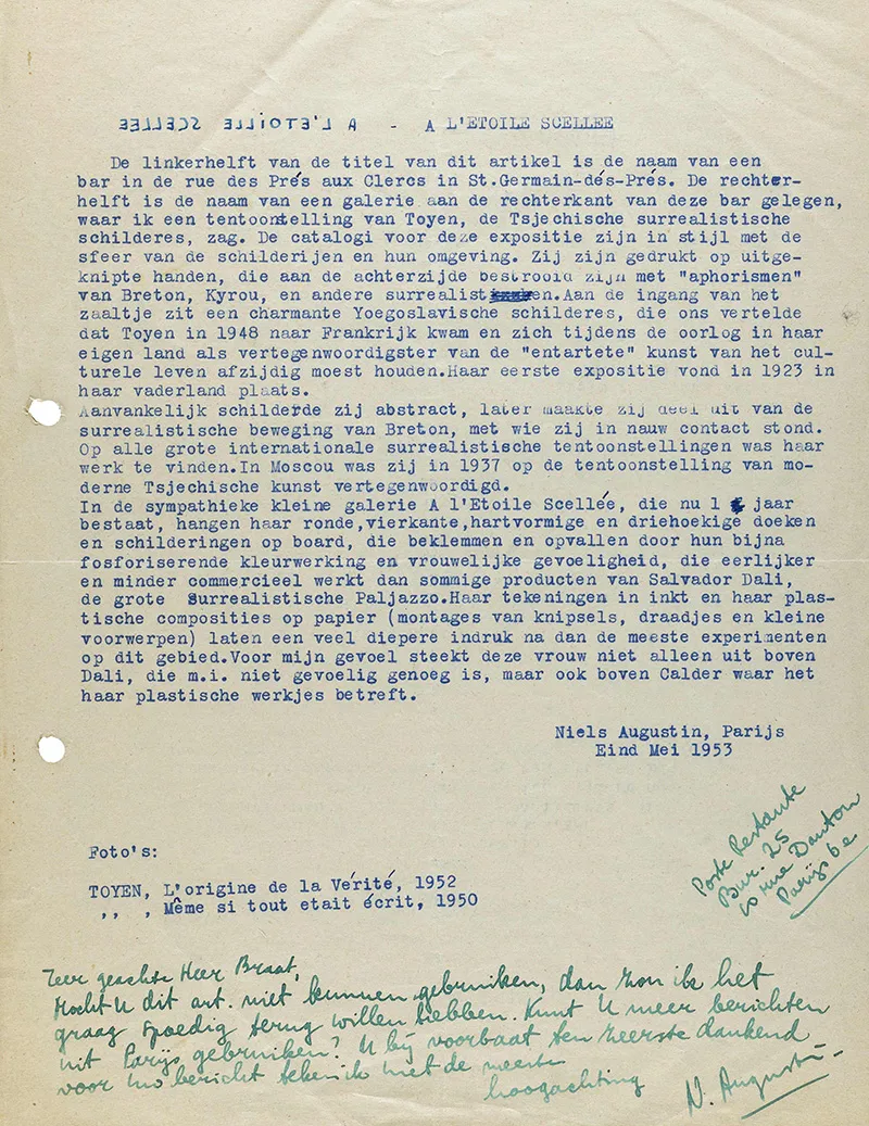 Brief van schrijver en galeriehouder Niels Augustin, 1953, Persdocumentatie, collectie RKD 