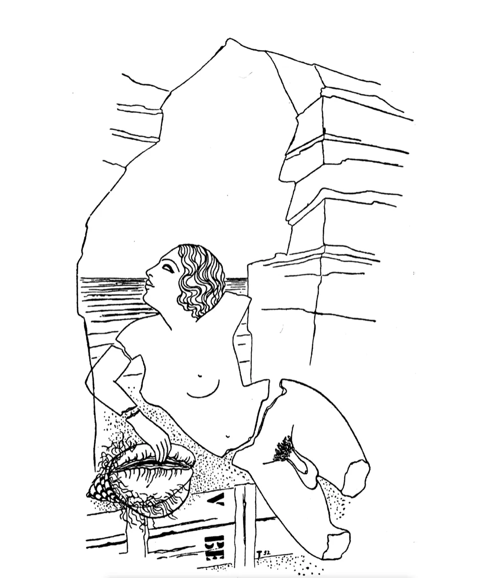  Toyen, schets zonder titel, 1932. Uit: Tent. Cat., K. Srp, Toyen: une femme surréaliste, Musée d’Art Moderne de Saint-Étienne Métropole 2002 