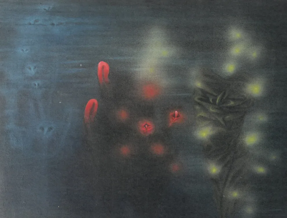 Toyen, Ils me frôlent dans le sommeil [Ze raken me aan in mijn slaap], 1957, 89 x 116 cm. Uit: K. Huebner, Magnetic woman: Toyen and the surrealist erotic, Pittsburgh 2020 
