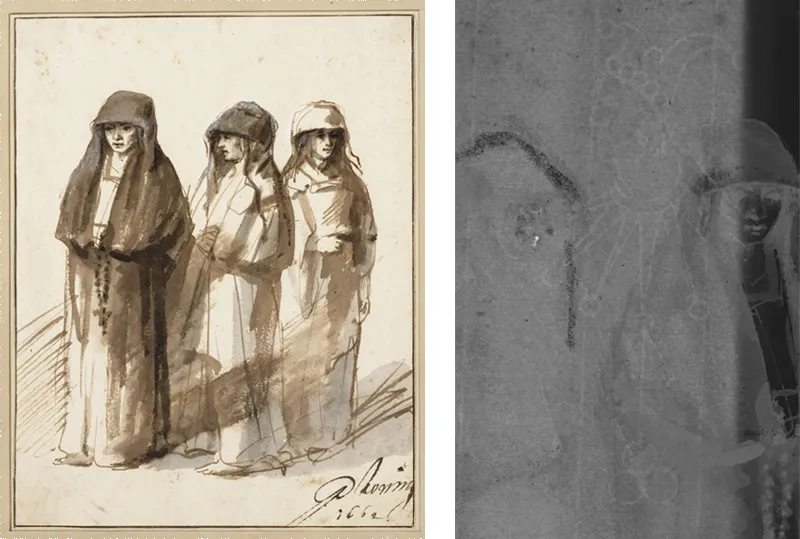 Philips Koninck, Drie staande nonnen, 1662, tekening, collectie Teylers Museum, en het watermerk op deze tekening