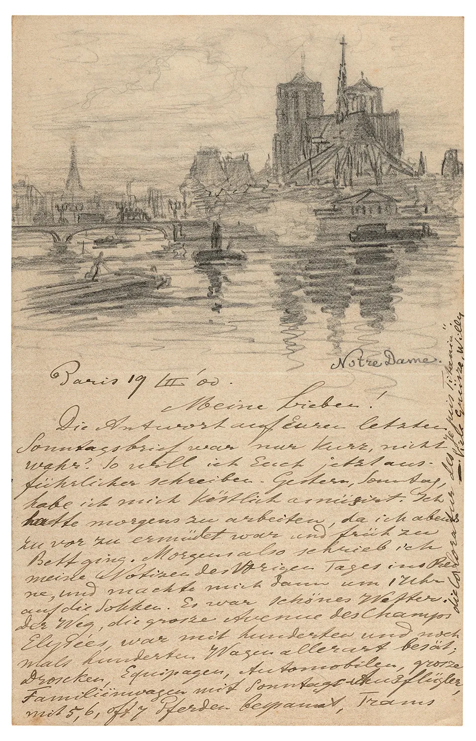 Brief van Martin aan zijn ouders uit Parijs met schets van de Notre Dame
