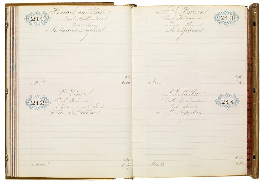 Pagina uit het voorraadboek van John Waterloo Wilson, circa 1876–1881. Nummer 214 verwijst naar Het Angelus van Jean-François Millet.