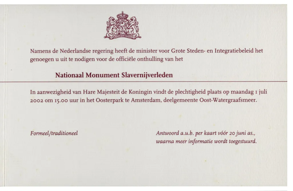 Uitnodiging onthulling Nationaal Monument Slavernijverleden