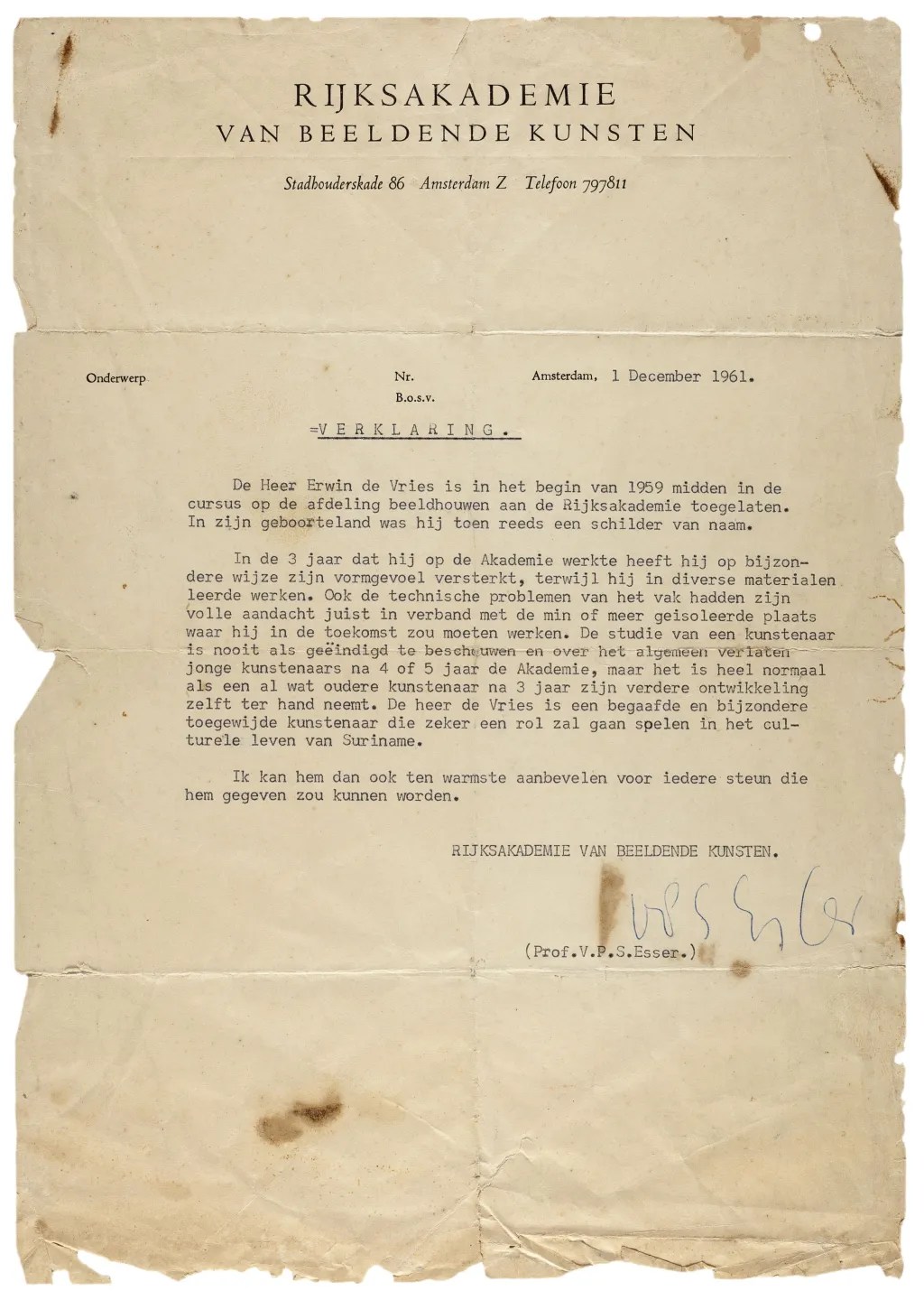 Document van de Rijksacademie van Beeldende Kunsten, verklaring opleiding Erwin de Vries