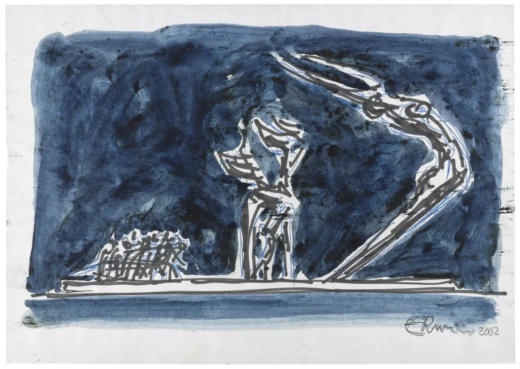 Ontwerptekening slavernijmonument Erwin de Vries. Blauwe achtergrond