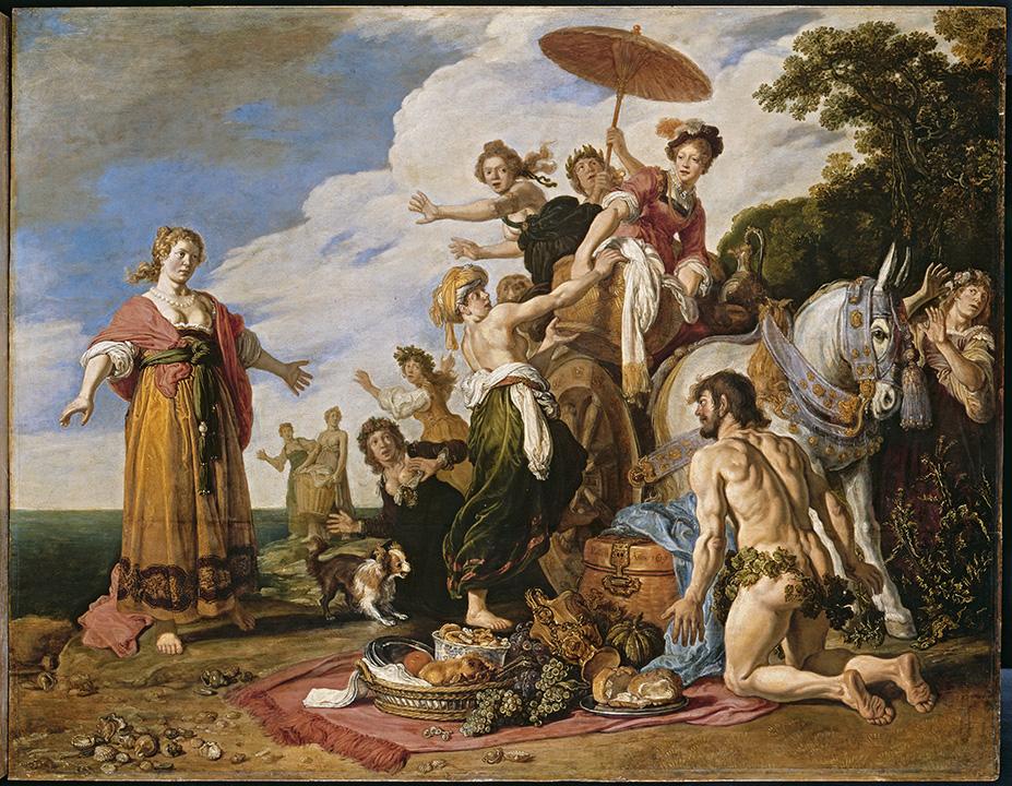 Schilderij van Pieter Lastman met een mythologische scène: een vrouw met een parasol, een knielende Odysseus naast een paard, en diverse figuren in een groene omgeving met manden vol voedsel