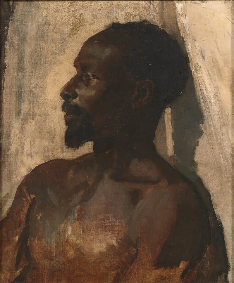 portret van een wegkijkende donkere man schilderij van breitner studie naar een abessiniër
