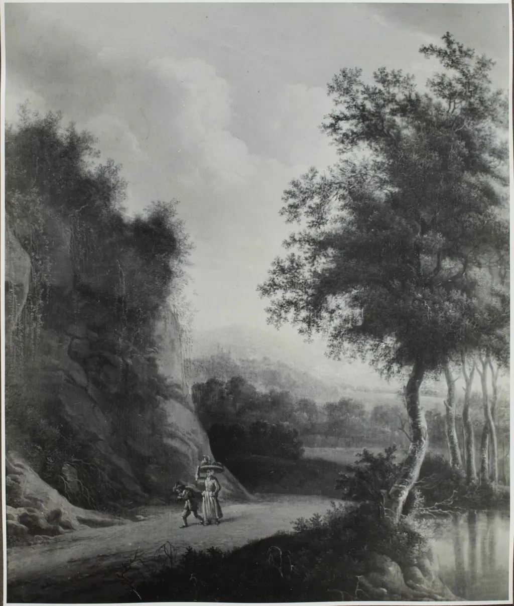 archiefstuk uit het rkd van kunsthandel kunstzaal oudt holland met een schilderij van twee figuren in een landschap