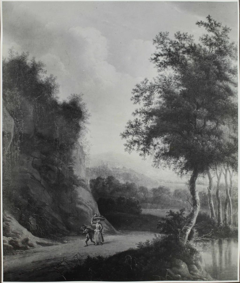 archiefstuk uit het rkd van kunsthandel kunstzaal oudt holland met een schilderij van twee figuren in een landschap