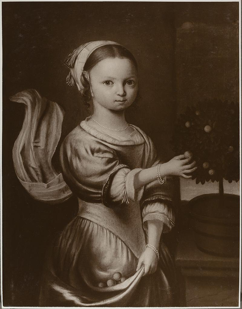 schilderij van Jan Mijtens getiteld meisje dat vruchten van een boompje plukt uit het rkd archief van kunsthandel oudt holland