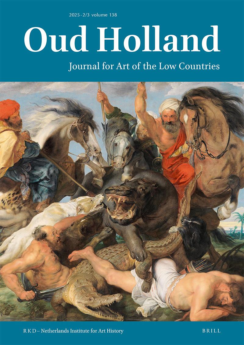 Omslag met een schilderij waarop mensen en dieren in gevecht zijn afgebeeld, gecombineerd met de grafische titel van het tijdschrift Oud Holland.