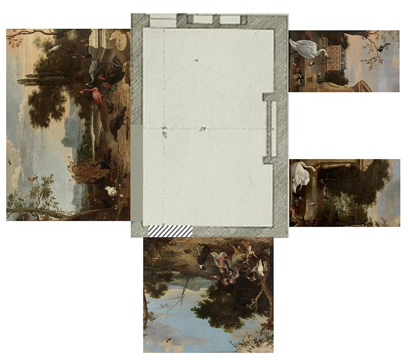 reconstructie van daagse kamer met de vier landschap schilderijen in huis driemond