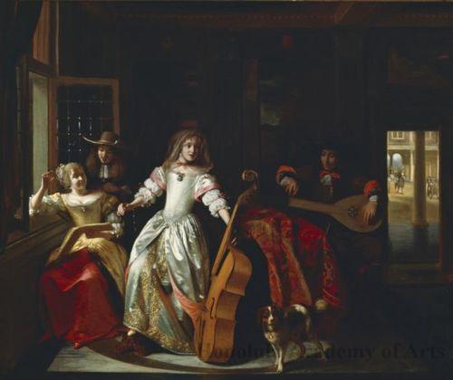 Schilderij van pieter de hooch met musicerend gezelschap in een interieur