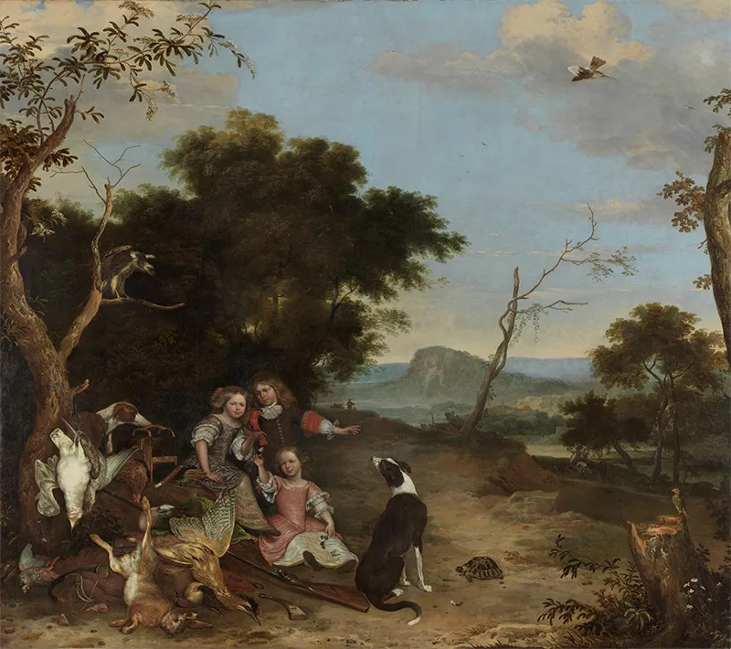 Portret van drie kinderen van Adolf Visscher en Anna Maria Pelt, in een landschap met jachtbuit