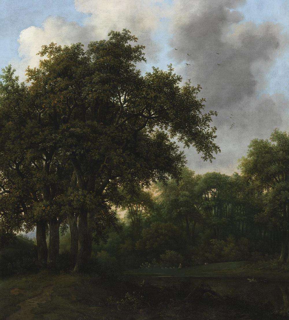 Schilderij van een boslandschap met bomen en blauwe lucht van kunstenaar Jan Lagoor