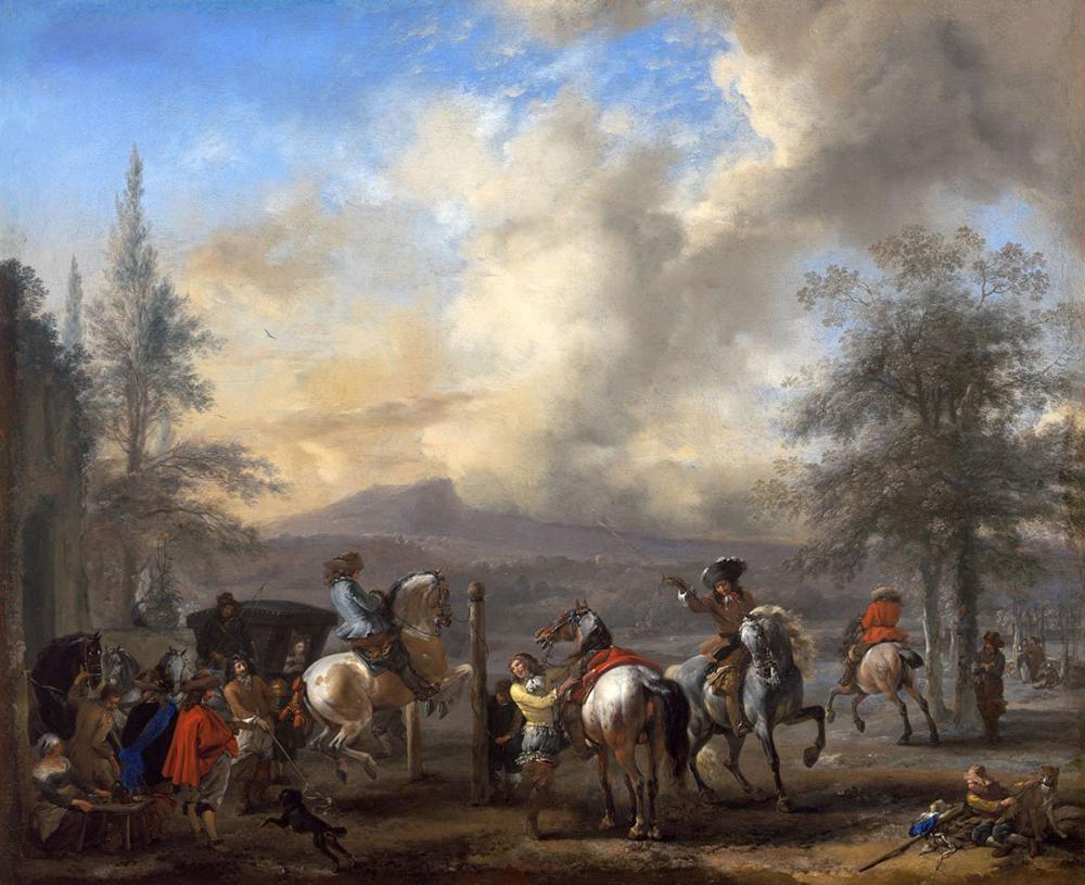 Schilderij van een rijschool met paarden van kunstenaar Philips Wouwerman