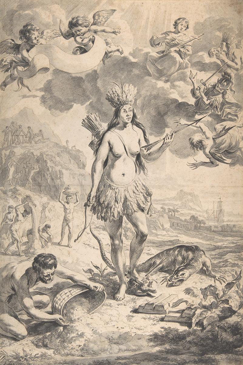 Tekening van Nicolaes Berchem met daarop een allegorie van Amerika