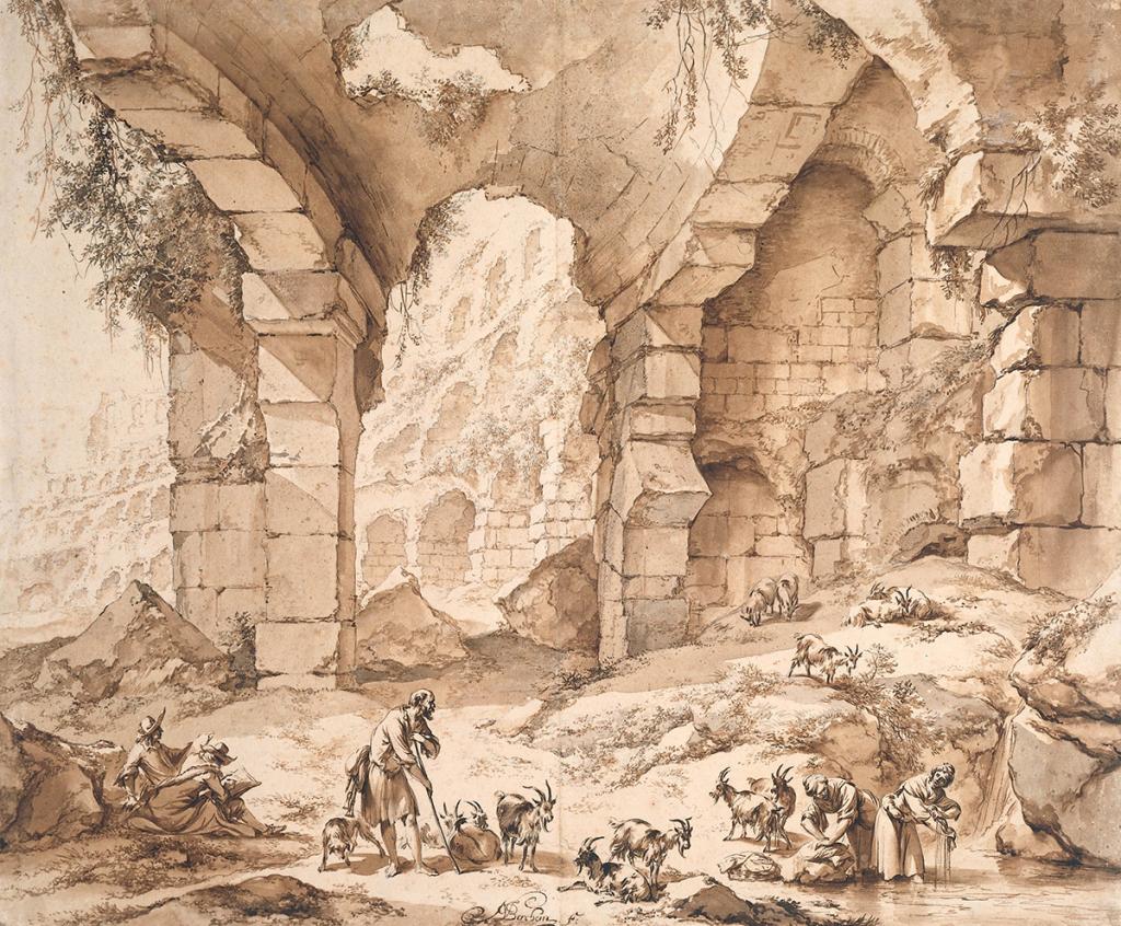 Tekening van Nicolaes Berchem van de ruïnes van het Colosseum in Rome