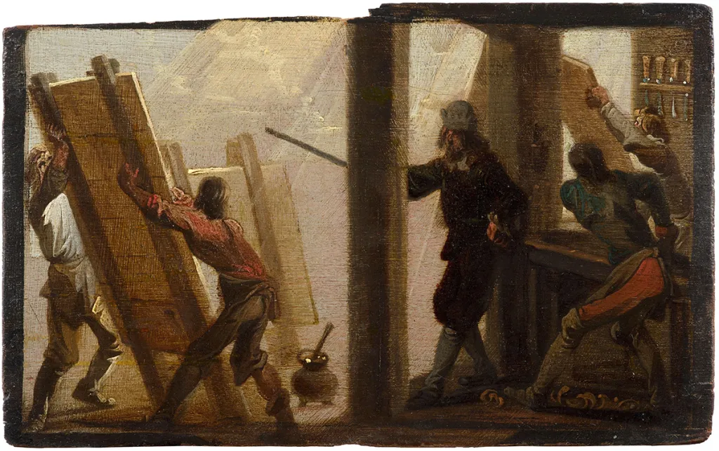 Schilderij van een interieur van een paneelmakerswerkplaats in de zeventiende eeuw