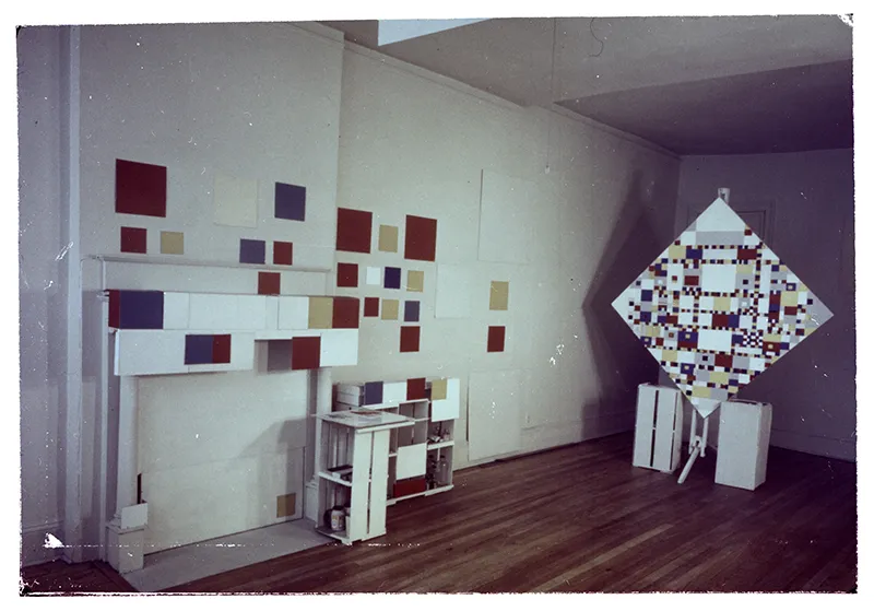 Victory Boogie Woogie van Piet Mondriaan in zijn atelier