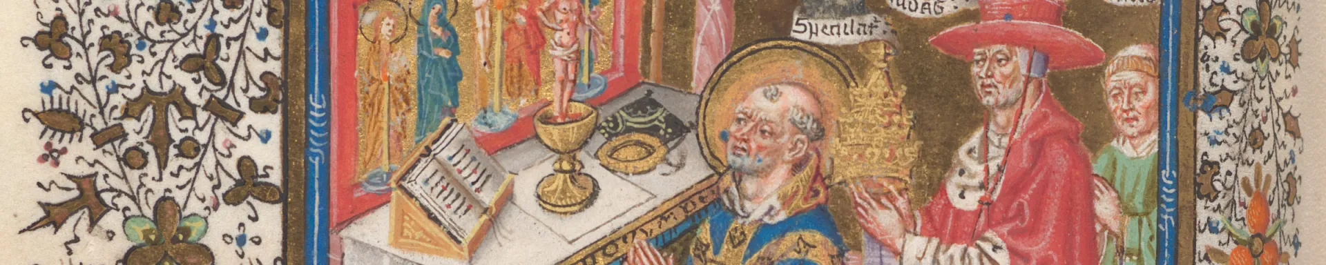 Gregoriusmis (miniatuur) en Zielen in het vagevuur (gehistorieerde initiaal). Getijdenboek, vermoedelijk gemaakt voor iemand uit de familie van Lochorst, met geschilderde voorstellingen en margeversieringen door de Meester van Katherina van Kleef. Utrecht, ca. 1460 (Den Haag, Huis van het boek, Ms. MMW 10 F 50, ff. 147v-148r)