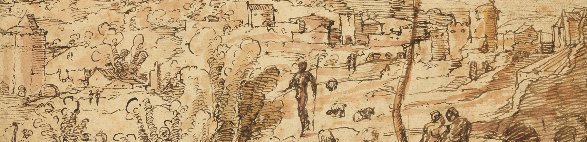 Landschap met herders aan een rivier en een stad in de verte (voorzijde); figuurstudies en Romeinse ruïnes (achterzijde), Jan van Scorel