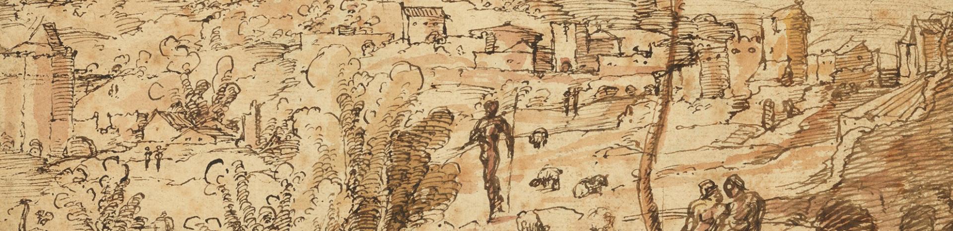 Landschap met herders aan een rivier en een stad in de verte (voorzijde); figuurstudies en Romeinse ruïnes (achterzijde), Jan van Scorel