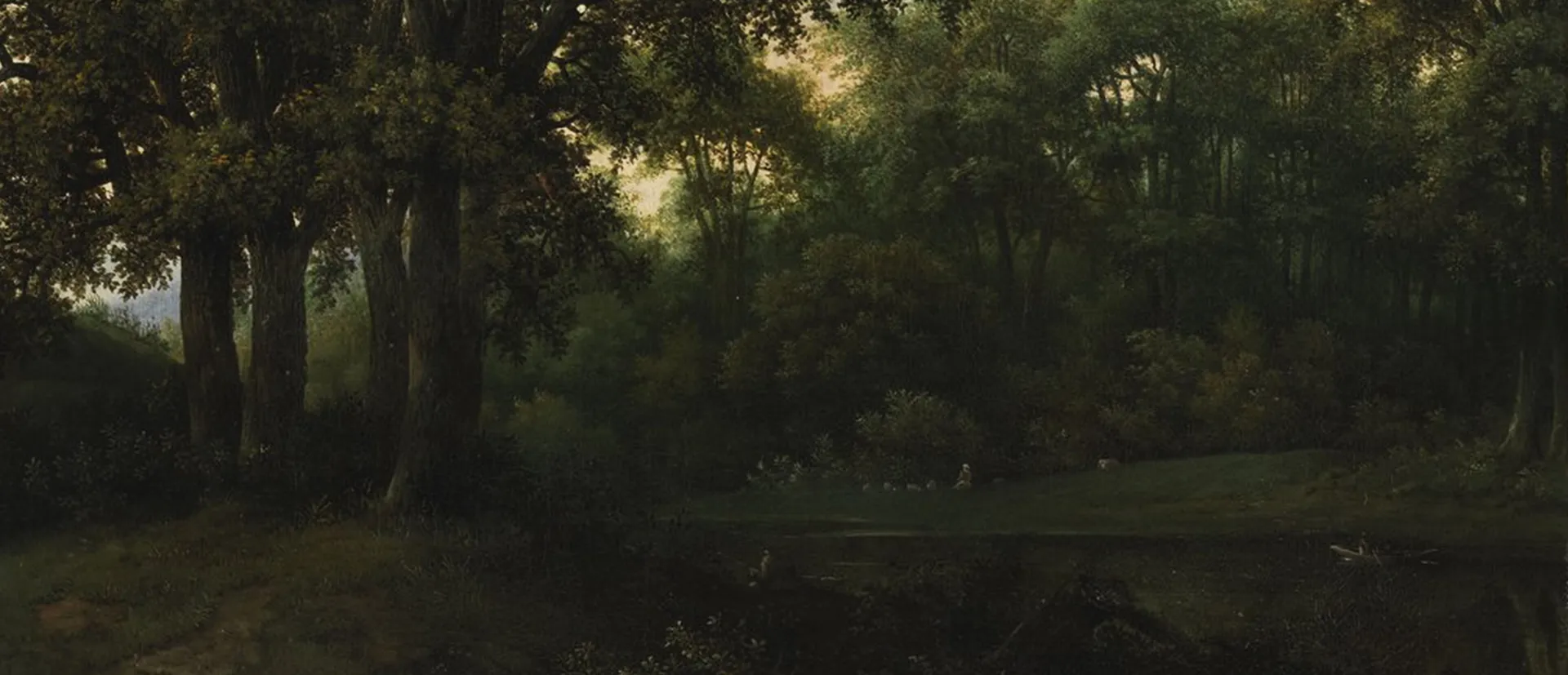 Schilderij van een boslandscap door Jan Lagoor met bomen en grasveld